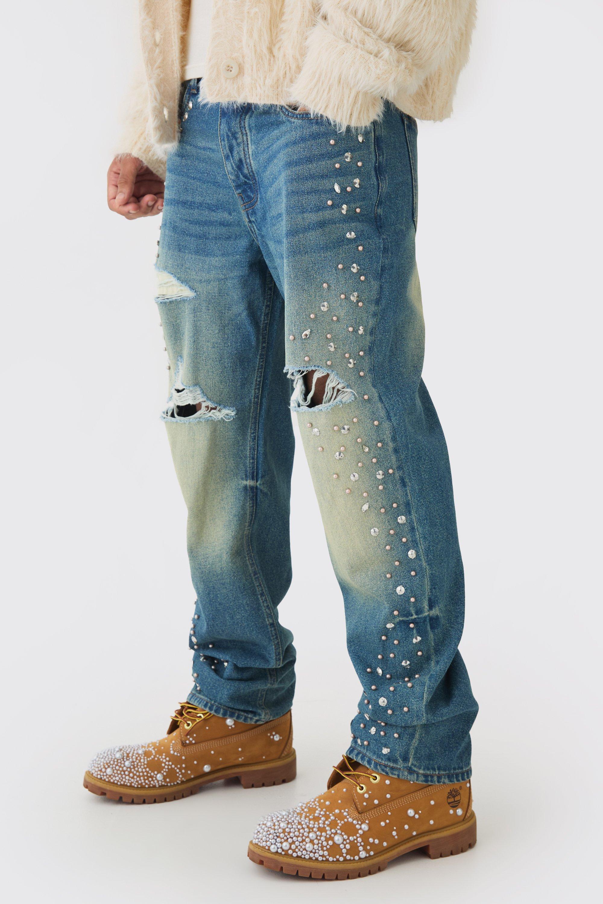 Mens Blue Relaxed Rigid Flared Embellished Ripped Jeans, Blue